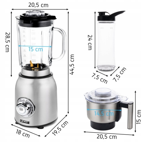 Blender kielichowy Yoer Titano 4w1, szklany 2,4L, młynek, 1800W, 2 bidony