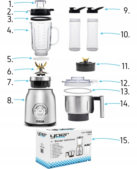 Blender kielichowy Yoer Titano 4w1, szklany 2,4L, młynek, 1800W, 2 bidony