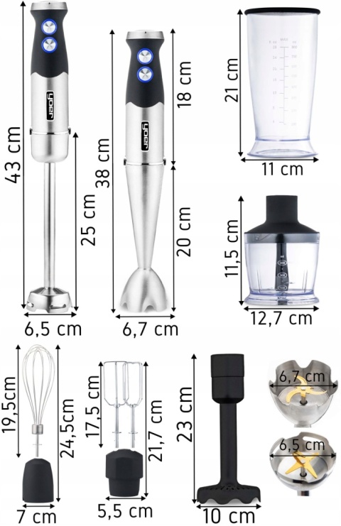 Blender ręczny Yoer 8w1 1500W z tytanowymi ostrzami i 14 akcesoriami