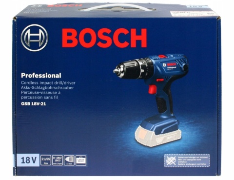 Wkrętarka akumulatorowa Bosch GSB 18V-21, 2x2Ah, udar 55Nm, LED