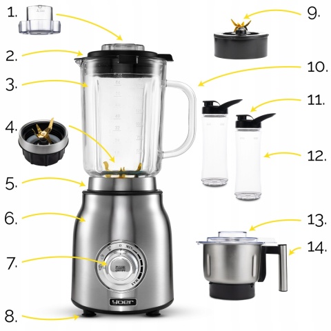 Blender Yoer Titano JB03S 1800W 4w1 ze szkłem, młynkiem i bidonami 2,4L