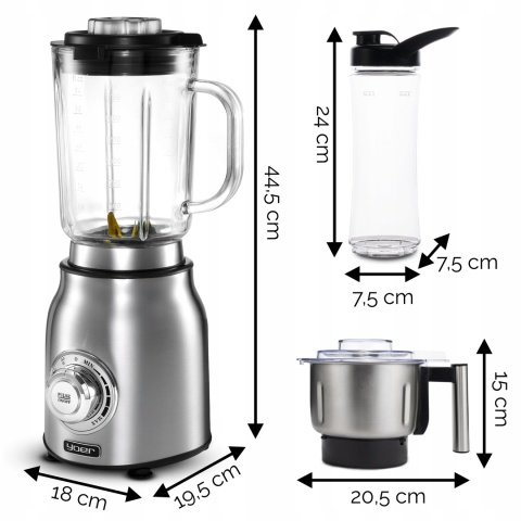 Blender Yoer Titano JB03S 1800W 4w1 ze szkłem, młynkiem i bidonami 2,4L