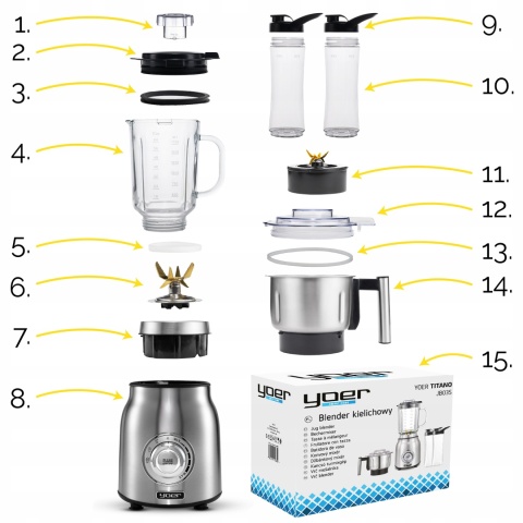 Blender Yoer Titano JB03S 1800W 4w1 ze szkłem, młynkiem i bidonami 2,4L