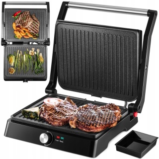 GRILL ELEKTRYCZNY 2200W MOCNY- PANINI OPIEKACZ 2xPŁYTY 29X23 TACKA OCIEKOWA