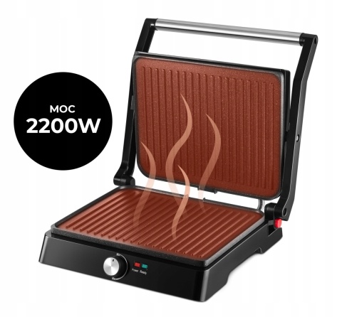 GRILL ELEKTRYCZNY 2200W MOCNY- PANINI OPIEKACZ 2xPŁYTY 29X23 TACKA OCIEKOWA