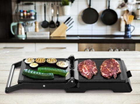 GRILL ELEKTRYCZNY 2200W MOCNY- PANINI OPIEKACZ 2xPŁYTY 29X23 TACKA OCIEKOWA