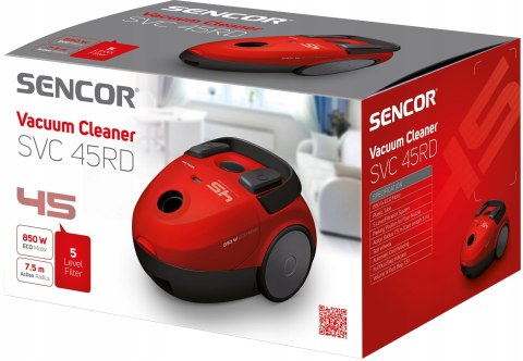 Odkurzacz Workowy Sencor Svc 45 Czerwony 850W Eco Cicha Praca Miękkie Koła