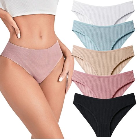 5X Wygodne Prążkowane Majtki Figi Bawełniane Elastyczne L/Xl Kolorowe