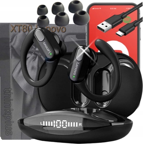 DOUSZNE SŁUCHAWKI BEZPRZEWODOWE LENOVO XT80 CZARNE MIKROFON ODPORNE NA WODĘ