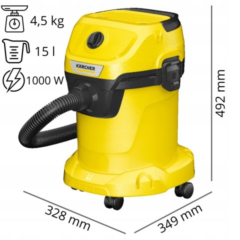 Odkurzacz Bezworkowy Karcher Wd3 1000W Z Funkcją Wydmuchu I 15L Zbiornikiem