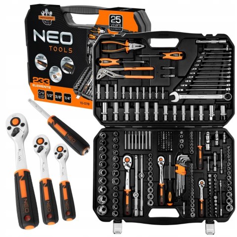 Zestaw 233 Szt. Klucze Nasadowe Neo 1/2, 3/8, 1/4 Stal Crv, Walizka