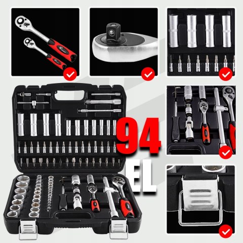 Zestaw Kluczy Nasadowych 94 Szt. 1/4 1/2 Grzechotki Torx Imbus Walizka