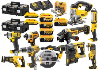 Zestaw 10 narzędzi akumulatorowych DeWalt 18 V z 7 akumulatorami