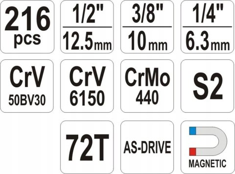 Zestaw Narzędzi Yato Yt-38841: 216 Elementów, Stal Crv, Bity S2, Grzechotki 72T