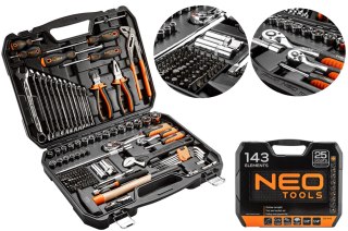 Zestaw Narzędziowy 143 Elementy Neo Tools 1/2 1/4 Grzechotki Bity Szczypce