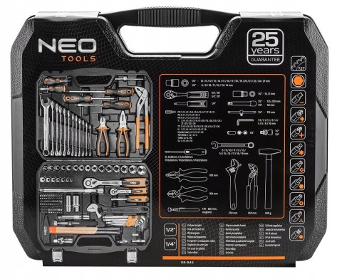 Zestaw Narzędziowy 143 Elementy Neo Tools 1/2 1/4 Grzechotki Bity Szczypce