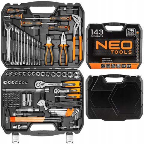 Zestaw Narzędziowy 143 Elementy Neo Tools 1/2 1/4 Grzechotki Bity Szczypce