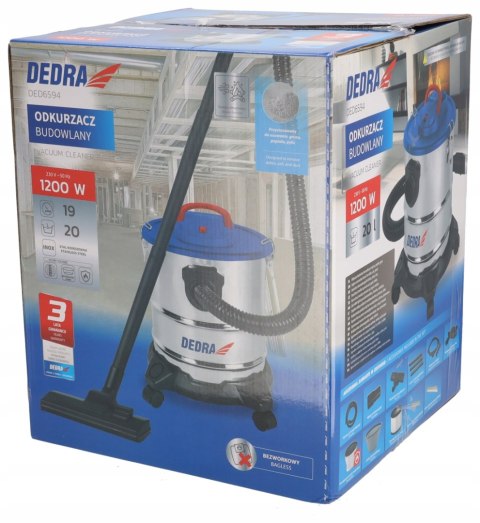 Odkurzacz Przemysłowy Dedra Kominkowy 1200W 20L Bezworkowy Gips Popiół Hepa
