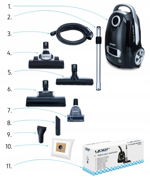 Cichy Odkurzacz workowy Yoer HEPA +6 szczotek INTELIGENTNY +PILOT