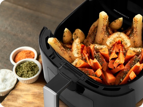 FRYTKOWNICA BEZTŁUSZCZOWA CZARNA BERDSEN 5L 1500W, SZYBKIE NAGRZEWANIE, LED