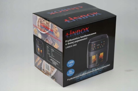 FRYTKOWNICA BEZTŁUSZCZOWA CZARNA LINBOX 5L 1400W Z OKIENKIEM LED 80-200°C