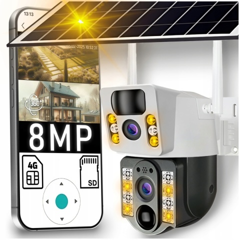 PODWÓJNA KAMERA SOLARNA 2X4MP 4G LTE SIM OBROTOWA IP66 Z APLIKACJĄ V380 PRO