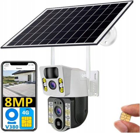 PODWÓJNA KAMERA SOLARNA 2X4MP 4G LTE SIM OBROTOWA IP66 Z APLIKACJĄ V380 PRO