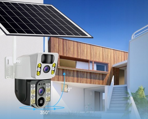 PODWÓJNA KAMERA SOLARNA 2X4MP 4G LTE SIM OBROTOWA IP66 Z APLIKACJĄ V380 PRO