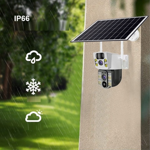 PODWÓJNA KAMERA SOLARNA 2X4MP 4G LTE SIM OBROTOWA IP66 Z APLIKACJĄ V380 PRO