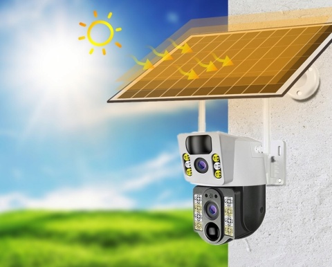 PODWÓJNA KAMERA SOLARNA 2X4MP 4G LTE SIM OBROTOWA IP66 Z APLIKACJĄ V380 PRO