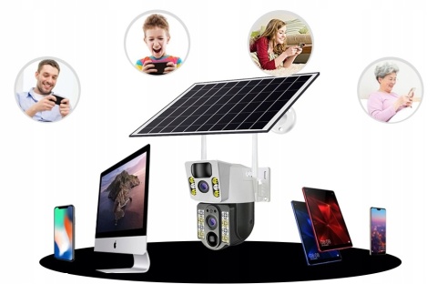 PODWÓJNA KAMERA SOLARNA 2X4MP 4G LTE SIM OBROTOWA IP66 Z APLIKACJĄ V380 PRO