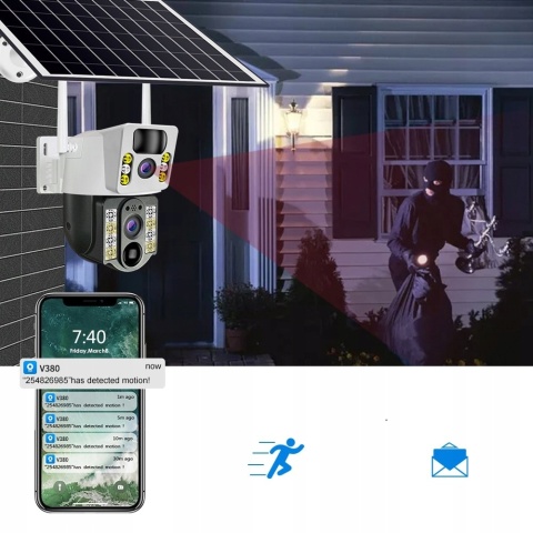 PODWÓJNA KAMERA SOLARNA 2X4MP 4G LTE SIM OBROTOWA IP66 Z APLIKACJĄ V380 PRO