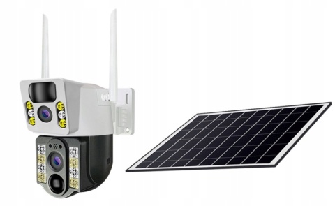 PODWÓJNA KAMERA SOLARNA 2X4MP 4G LTE SIM OBROTOWA IP66 Z APLIKACJĄ V380 PRO