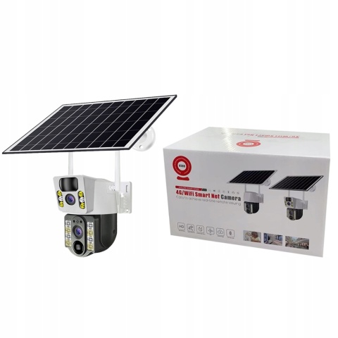 PODWÓJNA KAMERA SOLARNA 2X4MP 4G LTE SIM OBROTOWA IP66 Z APLIKACJĄ V380 PRO