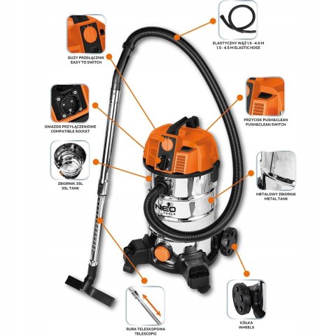 Odkurzacz 1600W Neo Tools 04-739 35L Mocny Z Długim Wężem Ssącym 1,5-4,5M