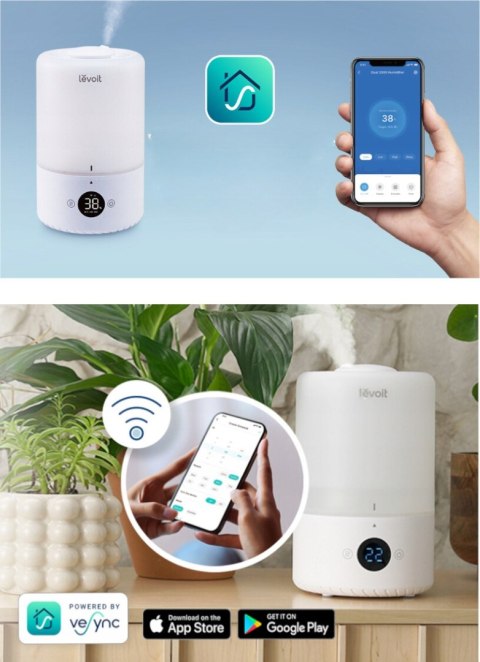Nawilżacz Levoit Dual 200S Smart 3L Cychy 25H Z Higrometrem I Aromaterapią