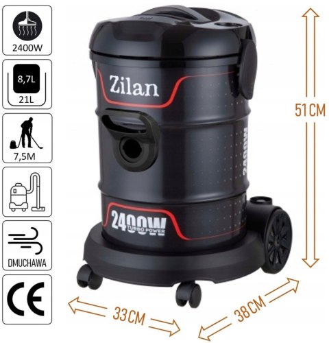 Uniwersalny Odkurzacz Przemysłowy 2400W 21L Bezworkowy, Dmuchawa, Odrzutnik