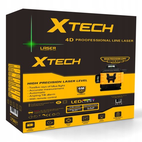 Laserowa Poziomica Xtech 360° 4D Z Pilotem, Lcd, Regulowana Podstawa