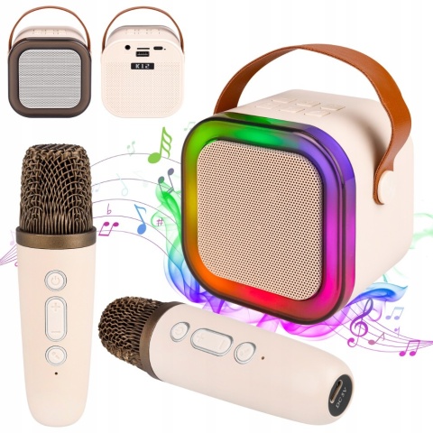 GŁOŚNIK PRZENOŚNY KARAOKE 2 MIKROFONY, BLUETOOTH 5.3, RGB, MP3, AUX, 500MAH