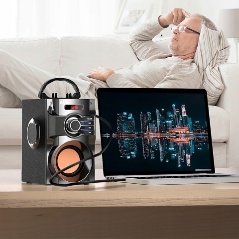 NOWOCZESNY GŁOŚNIK PRZENOŚNY 15W FM USB AUX LED PILOT - MULTIFUNKCYJNY 9H