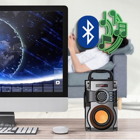 NOWOCZESNY GŁOŚNIK PRZENOŚNY 15W FM USB AUX LED PILOT - MULTIFUNKCYJNY 9H