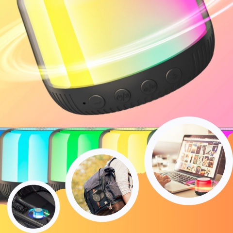 PRZENOŚNY GŁOŚNIK BLUETOOTH 5.1 RGB 5W OKRĄGŁY CZARNY USB-C KOLOROWE LEDY