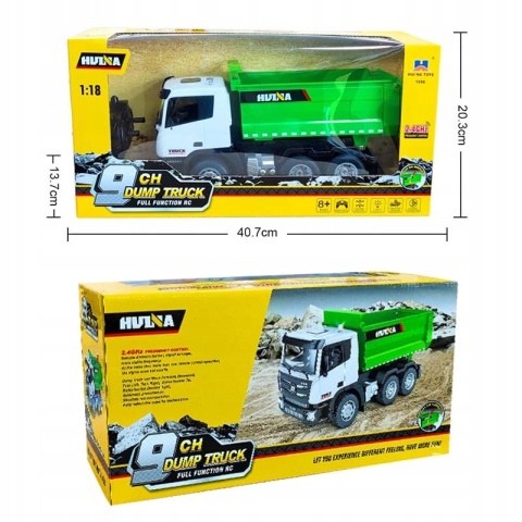 ZDALNIE STEROWANA WYWROTKA RC 1:18 LED DŹWIĘKI 0,5 KG ŁADOWNOŚCI CIĘŻARÓWKA