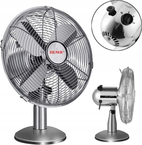 Chromowany Wentylator Biurkowy Zilner 40W 3 Tryby 30Cm Oscylacja Wydajny
