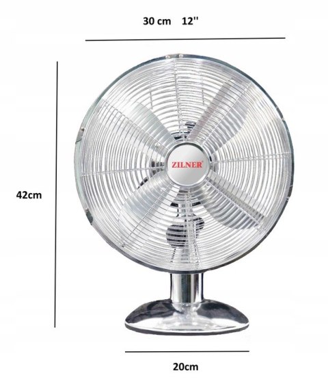 Chromowany Wentylator Biurkowy Zilner 40W 3 Tryby 30Cm Oscylacja Wydajny