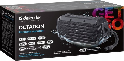 Przenośny Głośnik Bluetooth Defender Octagon Ipx5 5W Tws Fm Usb Czarny 10H