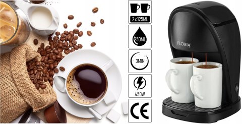 Ekspres Przelewowy Do Kawy Floria 450W Z 2 Kubkami Ceramicznymi 125Ml