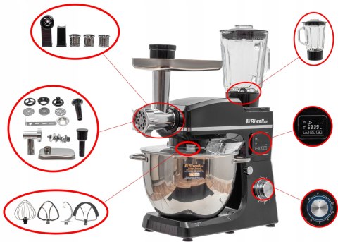 Robot Kuchenny Riwall 2700W, Podgrzewana Misa 8L, Blender 1.5L, Nadziewarka