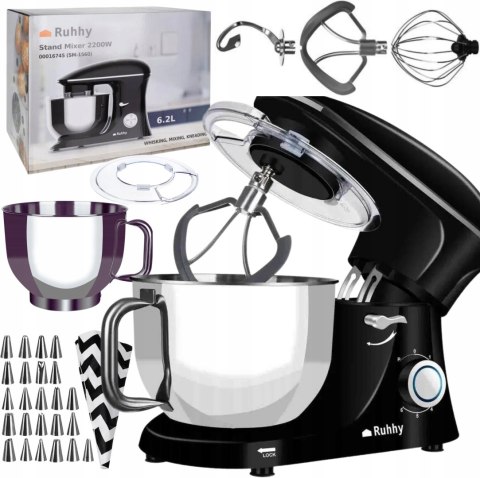 Robot Kuchenny Planetarny Mocny 2200W, Czarny, Misa 6,5L 6 Prędkości Czarny