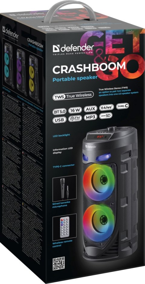 Defender Crashboom Boombox 16W Bluetooth 5.0 Karaoke Mp3 Fm Z Mic I Pilotem